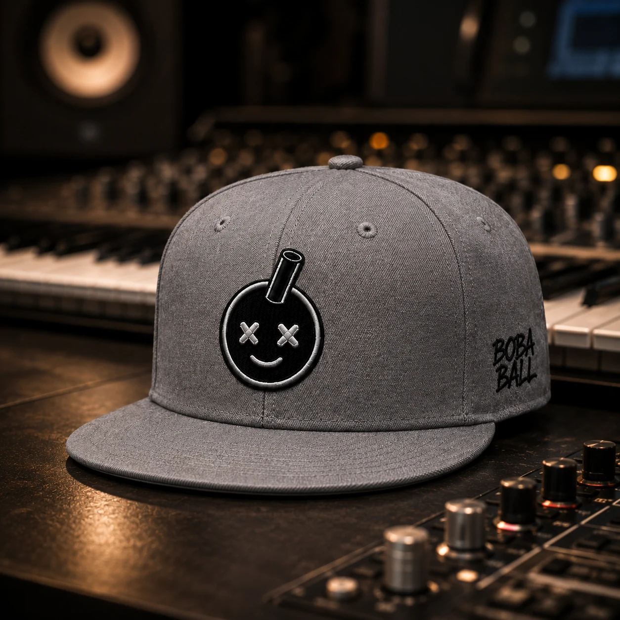 Boba Ball gray snapback embroidery and side wordmark detail