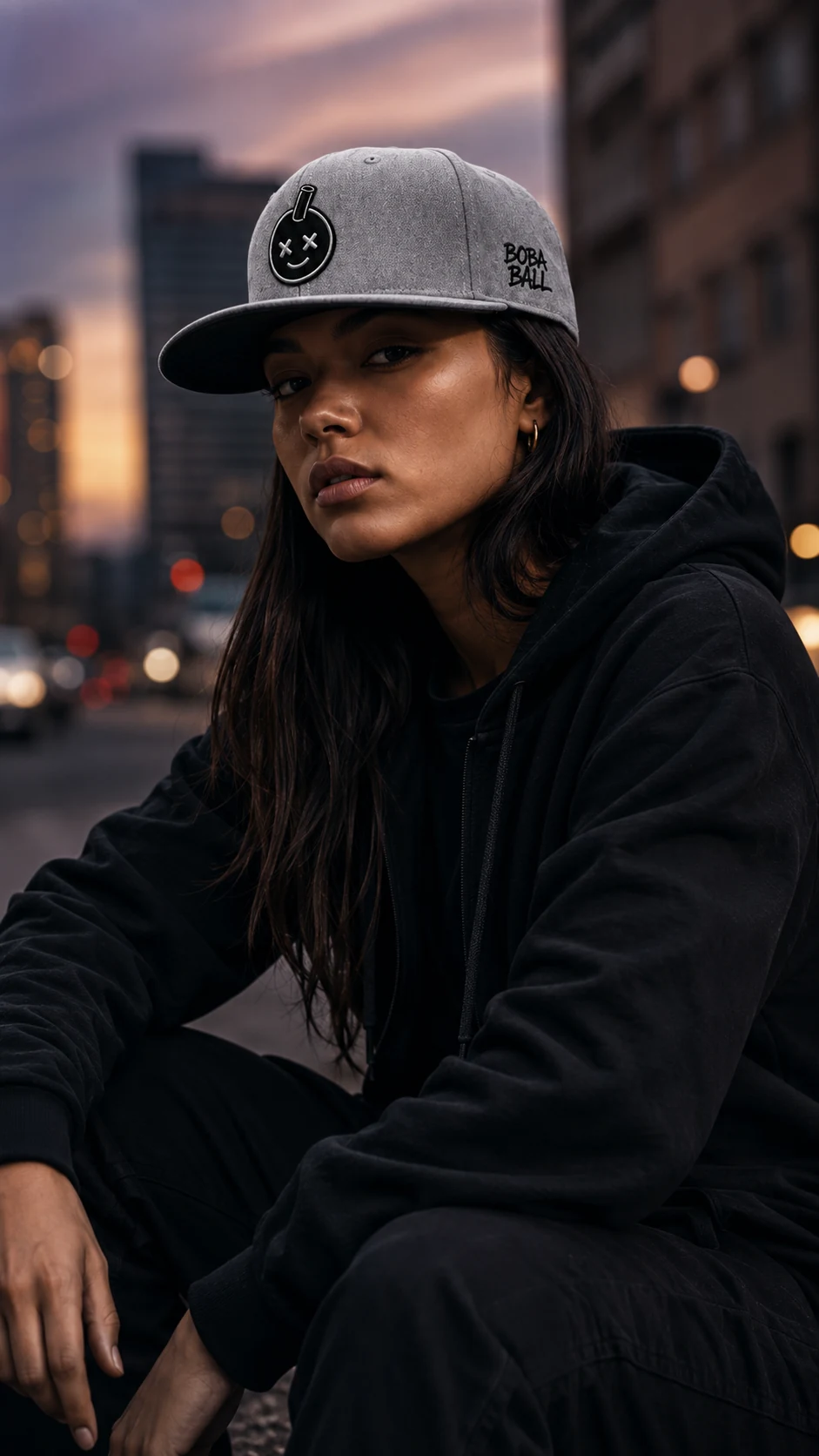 Gray snapback lifestyle portrait